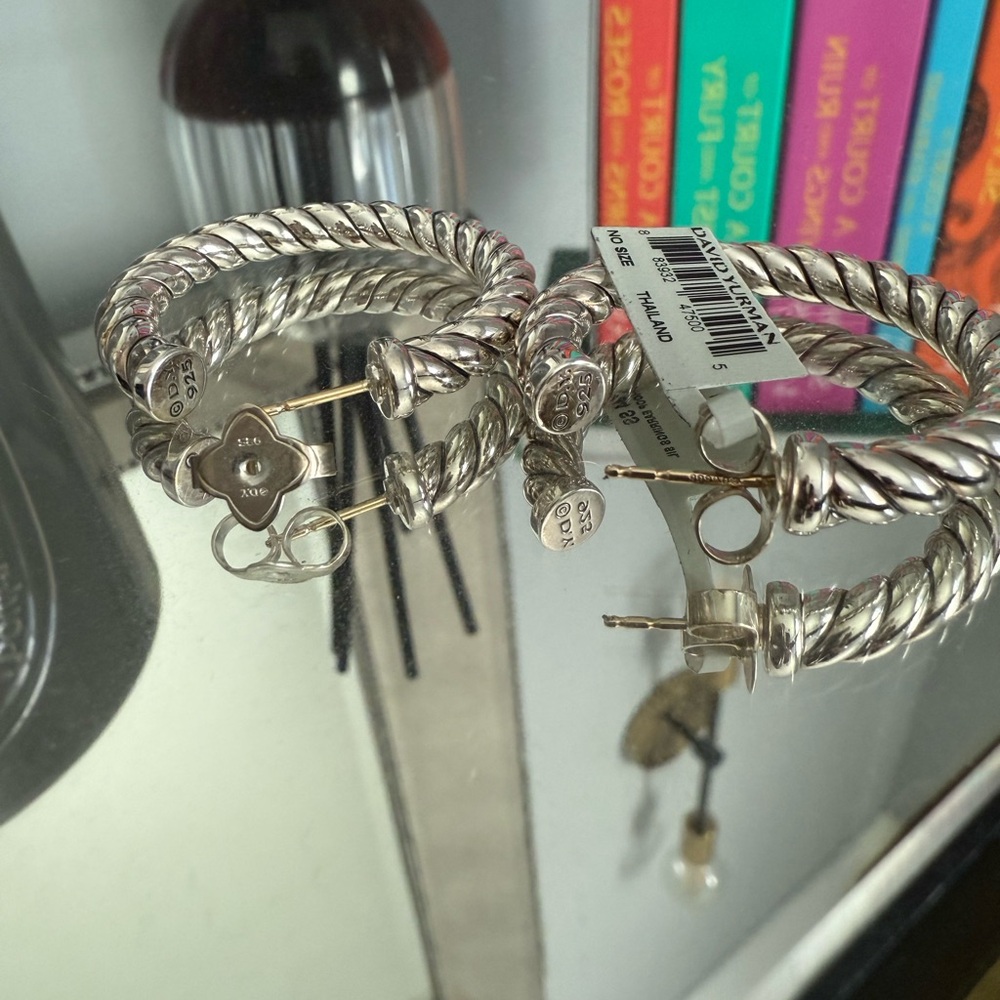 David Yurman Silver and Gold Twisted Hoop Earrings - Picture 2 of 3